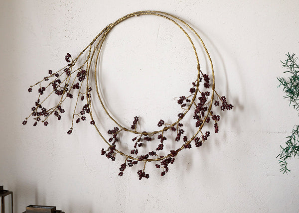 Wooden Beaded Wreath - Brass and Ruby Red