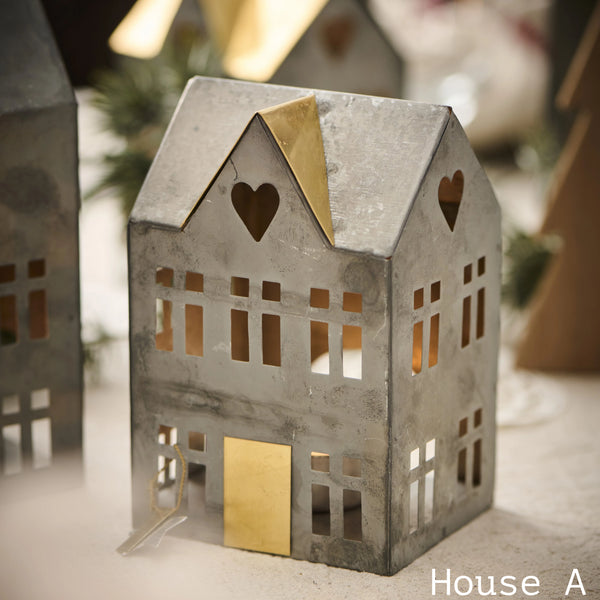Antique Zinc and Brass Tealight Houses - Small