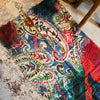 Vibrant blues red pink orange green embroidered wool scarf