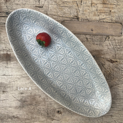 Wonki Ware Bamboo Platter - Small - Duck Egg Lace - Oval ceramic dish with floral pattern 