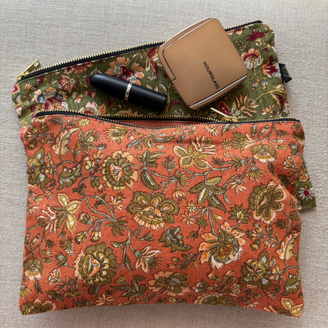 Linen and Cotton Zipped Pouch - Floral - Scorched Earth or Khaki