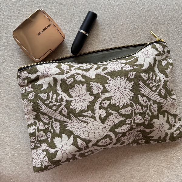 Linen and Cotton Zipped Pouch - Exotic Indian Print - Khaki or Moccaccino