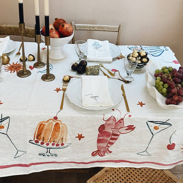 Whimsical Illustrated Linen Tablecloth