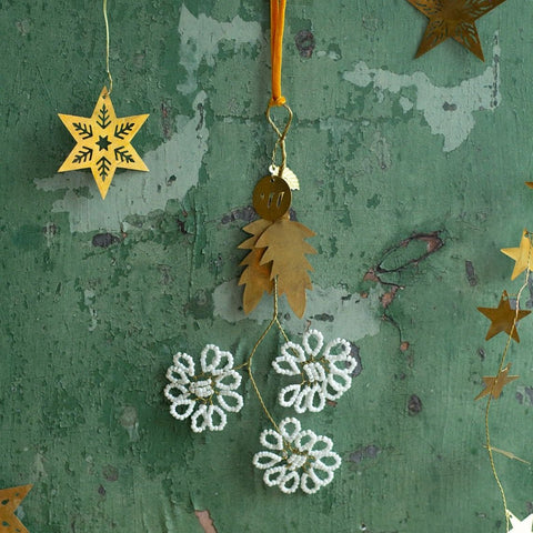 White Flower with Brass Leaves Hanging Ornament