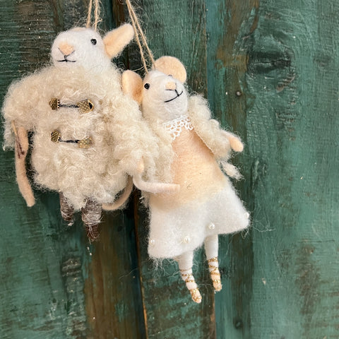 White Mice Felt Decorations - Pair - sheepskin jacket felt dress with pearls and lace and Christmas Stocking