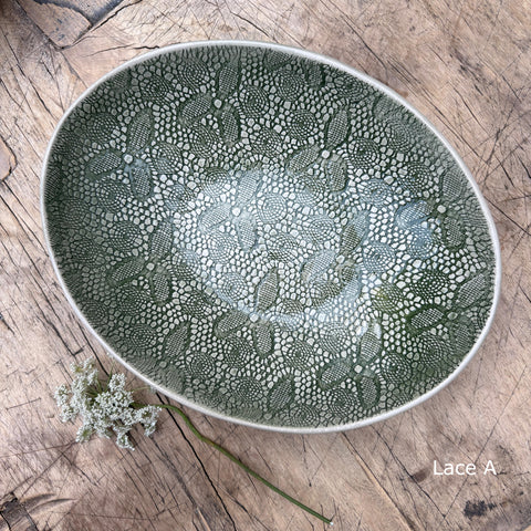 Wonki Ware Oval Bowl - Medium - Dark Green Lace