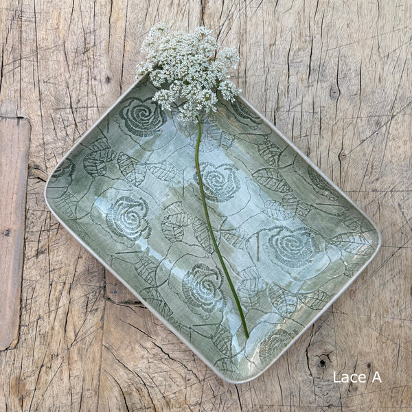 Wonki Ware Rectangular Utensil Dish - Dark Green Lace