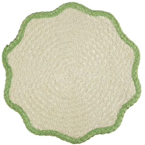 Natural Jute Scalloped Placemat - Jade Edge - Set of Six in Basket