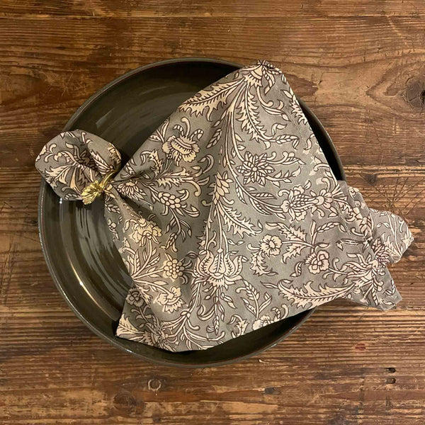 Printed Cotton Napkin - Flower - Vert de Gris - Set of Six - Boncoeurs