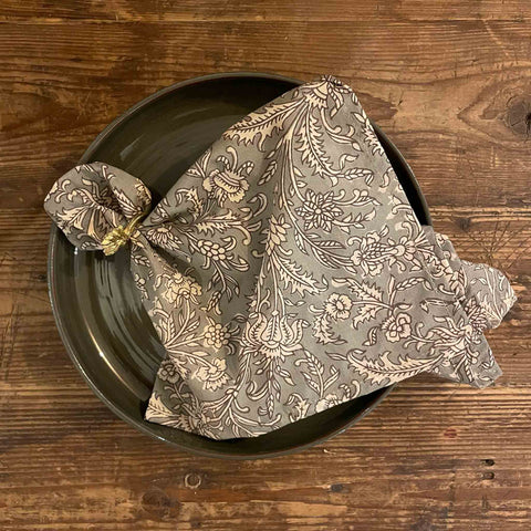 Printed Cotton Napkin - Flower - Vert de Gris - Set of Six - Boncoeurs