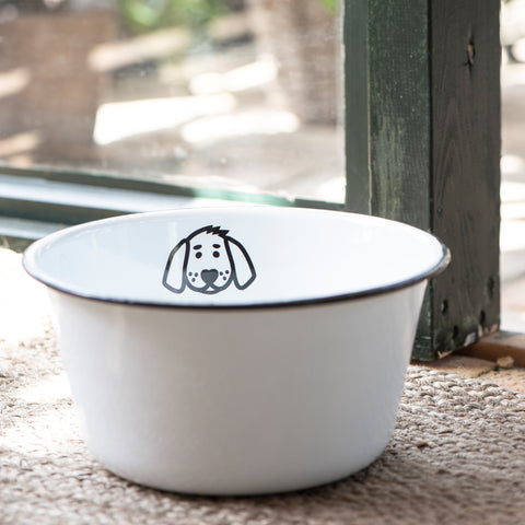 White enamel Dog Bowl with dog image
