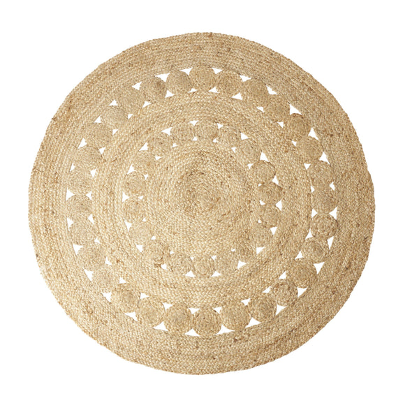 handwoven intricate round jute rug