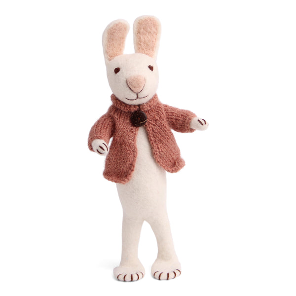 Big White Felt Bunny with Rose Jacket Fairtrade made in Nepal