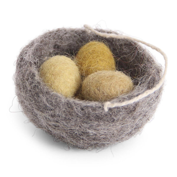 Mini Grey Felt Nest with Yellow Eggs Fairtrade made in Nepal