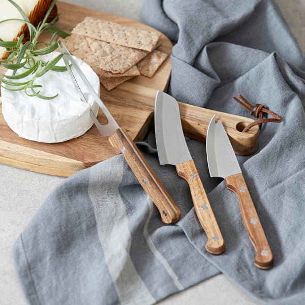 Set of three cheese knives with acacia wood handles