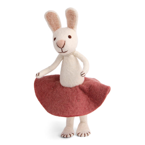 Big Felt White Bunny with Pink Rose Skirt Fair Trade made in Nepal