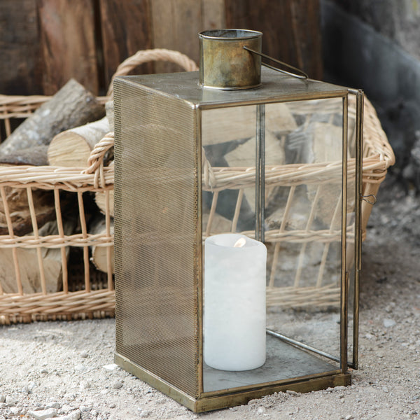 Antiqued Brass Lantern with Punched Metal Side