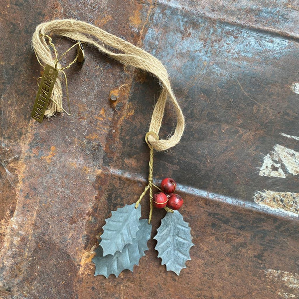 Hanging Zinc Holly with Red Berries Decoration - Walther & Co