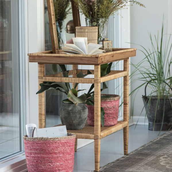 Bamboo and Wicker Side Table with One Shelf