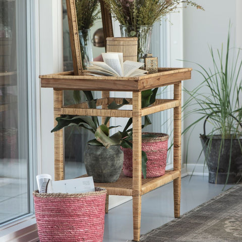 Bamboo and Wicker Side Table with One Shelf