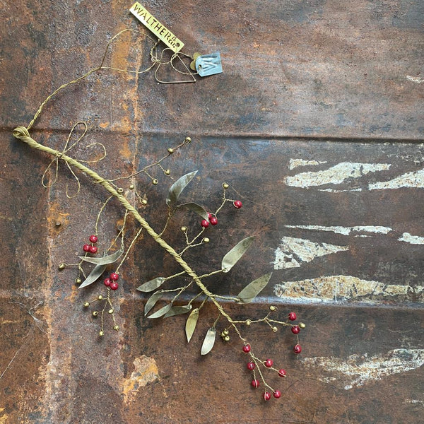 Brass Branch with Antique Silver Leaves and Red Berries - Botanical Range - Walther & Co, Denmark