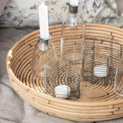 Set Of Two Honey Coloured Round Rattan Trays