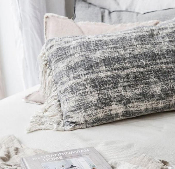 Rectangular Tasselled Cotton Cushion - Natural with Grey Circles Pattern