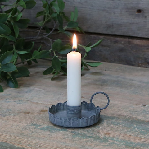 Antique Zinc Scalloped Rim Chamberstick Candle-Holder