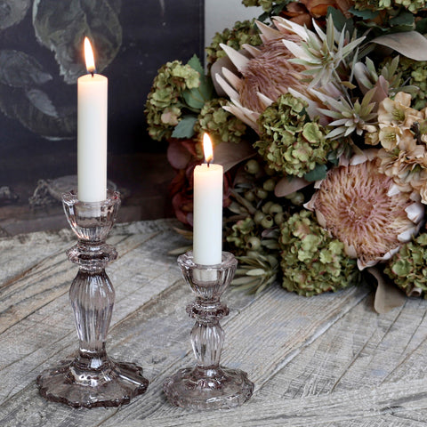 Taupe glass lace edged candlestick two sizes