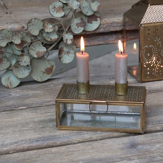 box holder for two mini dinner candles antique brass
