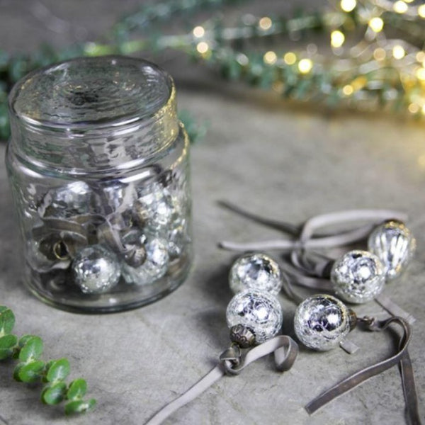 Glass Jar with x16 Antique Silver Glass Baubles