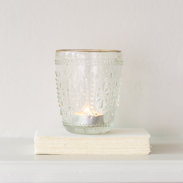 Pressed Glass Tealight Holder with Gold Rim - Flower