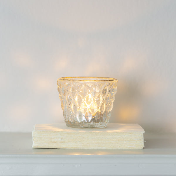 Pressed Glass Tealight Holder with Gold Rim - Small - Diamond