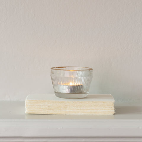 Pressed Glass Tealight Holder with Gold Rim - Small - Ribbed