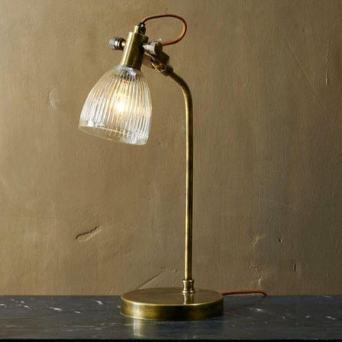 aged brass desk lamp with ribbed glass shade