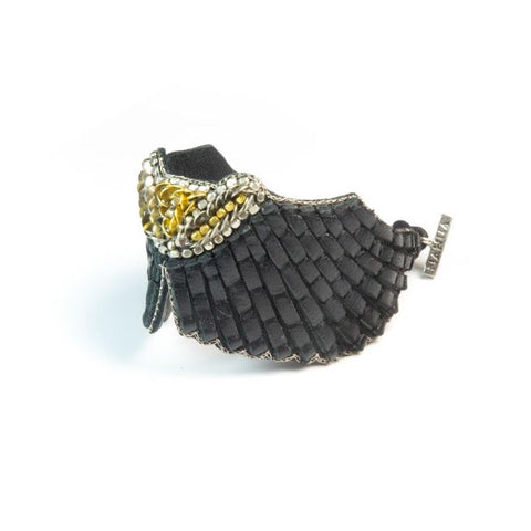 Nahua Angy Bracelet - Black - leather angel wings bracelet with sequins and beads