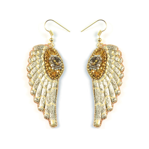 Nahua Anita Earrings - Gold  Handmade leather earrings, adorned with sequins and beads, in the shape of angel wings. 