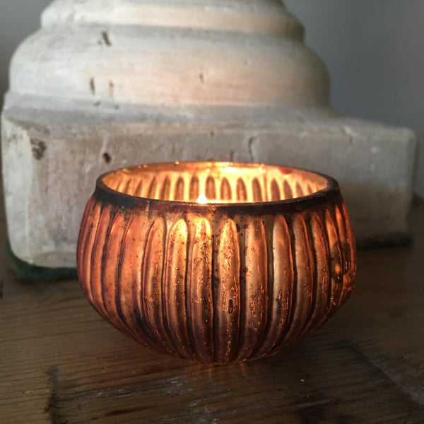 Old Gold Ribbed Glass Tealight Holder - Three Sizes - Greige - Home & Garden - Chiswick, London W4 