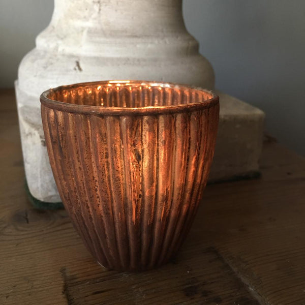 Old Gold Ribbed Glass Tealight Holder - Three Sizes - Greige - Home & Garden - Chiswick, London W4 