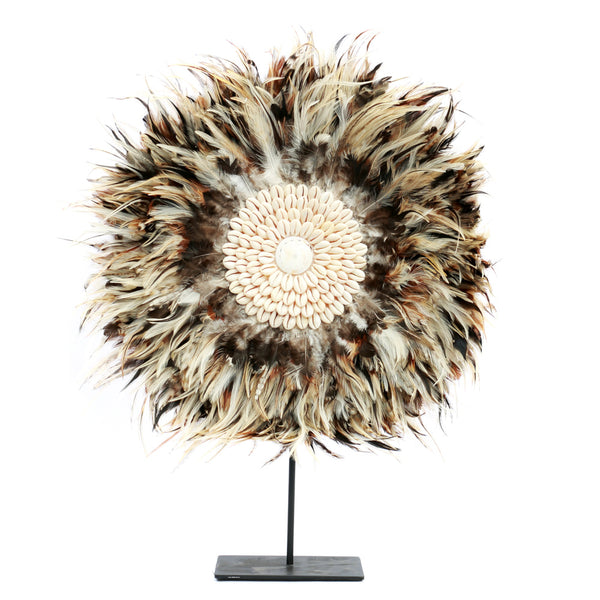 Grey Brown Feather & Shell Juju Hat Headress on Stand