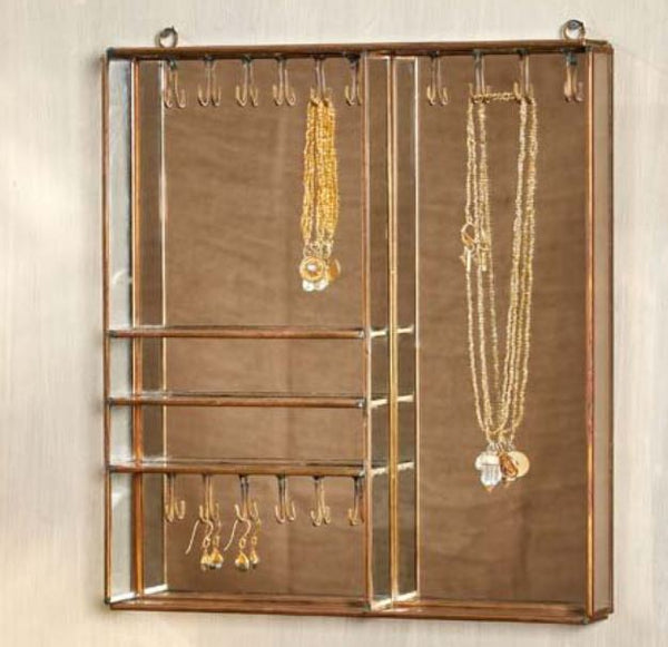 Antique Brass & Glass Wall Hung Jewellery Box Cabinet