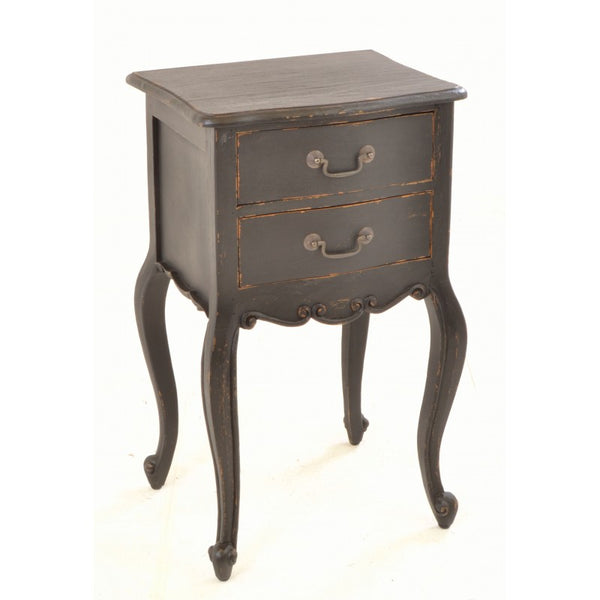 Tall Two Drawer French Style Side Table - Black Finish