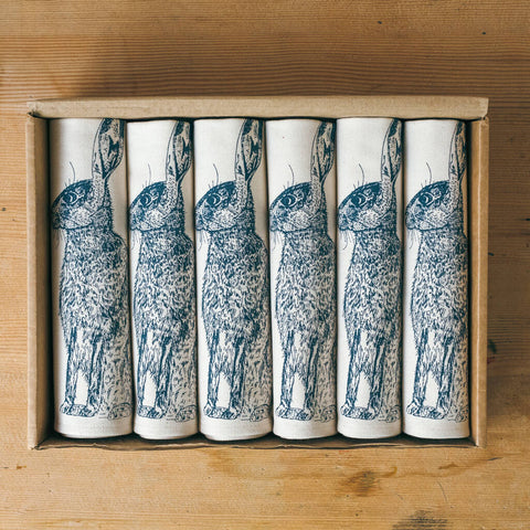 Set of Six Blue Hare Cotton Napkins Hand printed in Norfolk