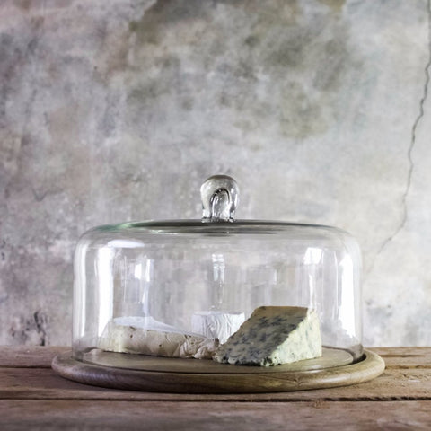 Mango Wood Cake Plate with Flat Top Recycled Glass Dome 