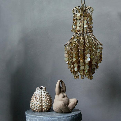 iridescent beads and brass chandelier