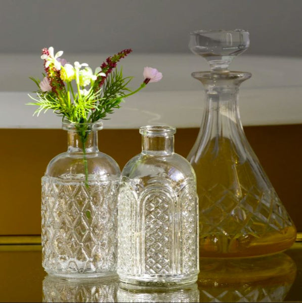 embossed glass mini bud bottle vases set of two