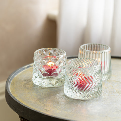 Set of Three Small Decorative Glass Tealight Holders - Clear
