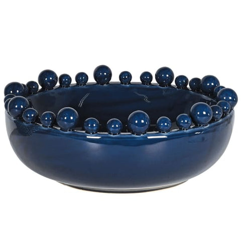 Large Dark Blue Ceramic Bowl with Bobbles on Rim