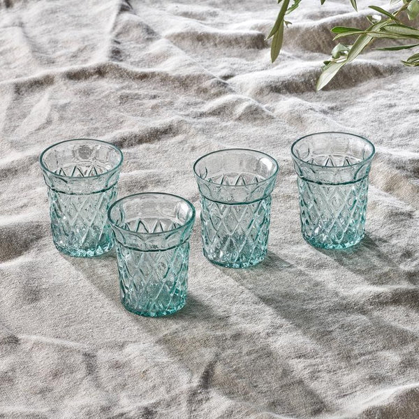 Decorative recycled glass embossed water tumblers set of four