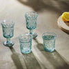 Set of Four Decorative Embossed Recycled Glass Wine Glasses with green tint